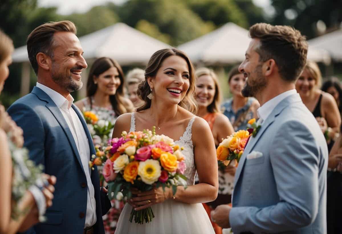 Guests enjoying a colorful outdoor wedding, surrounded by vibrant flowers and decor. They are dressed in non-white attire, chatting and laughing happily