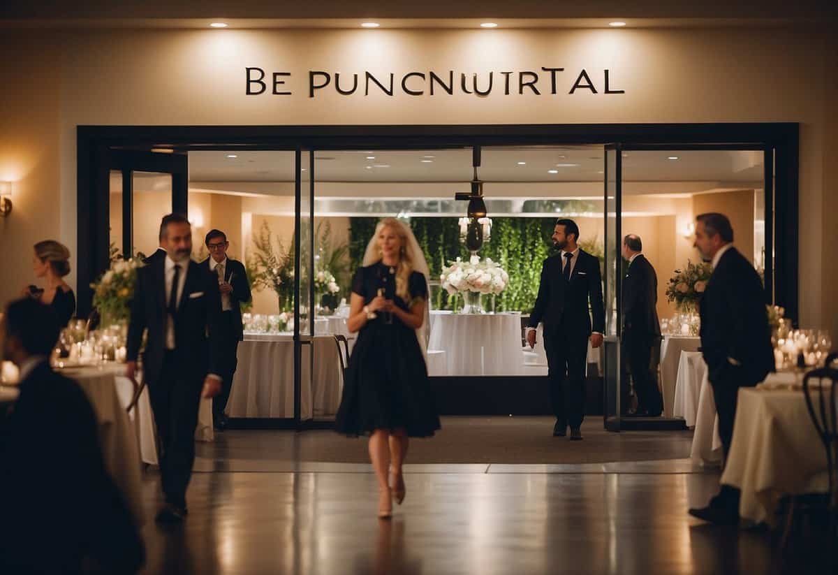 Guests arriving on time at a wedding venue, with a clock showing the exact time, and a sign displaying "Be Punctual" in elegant lettering