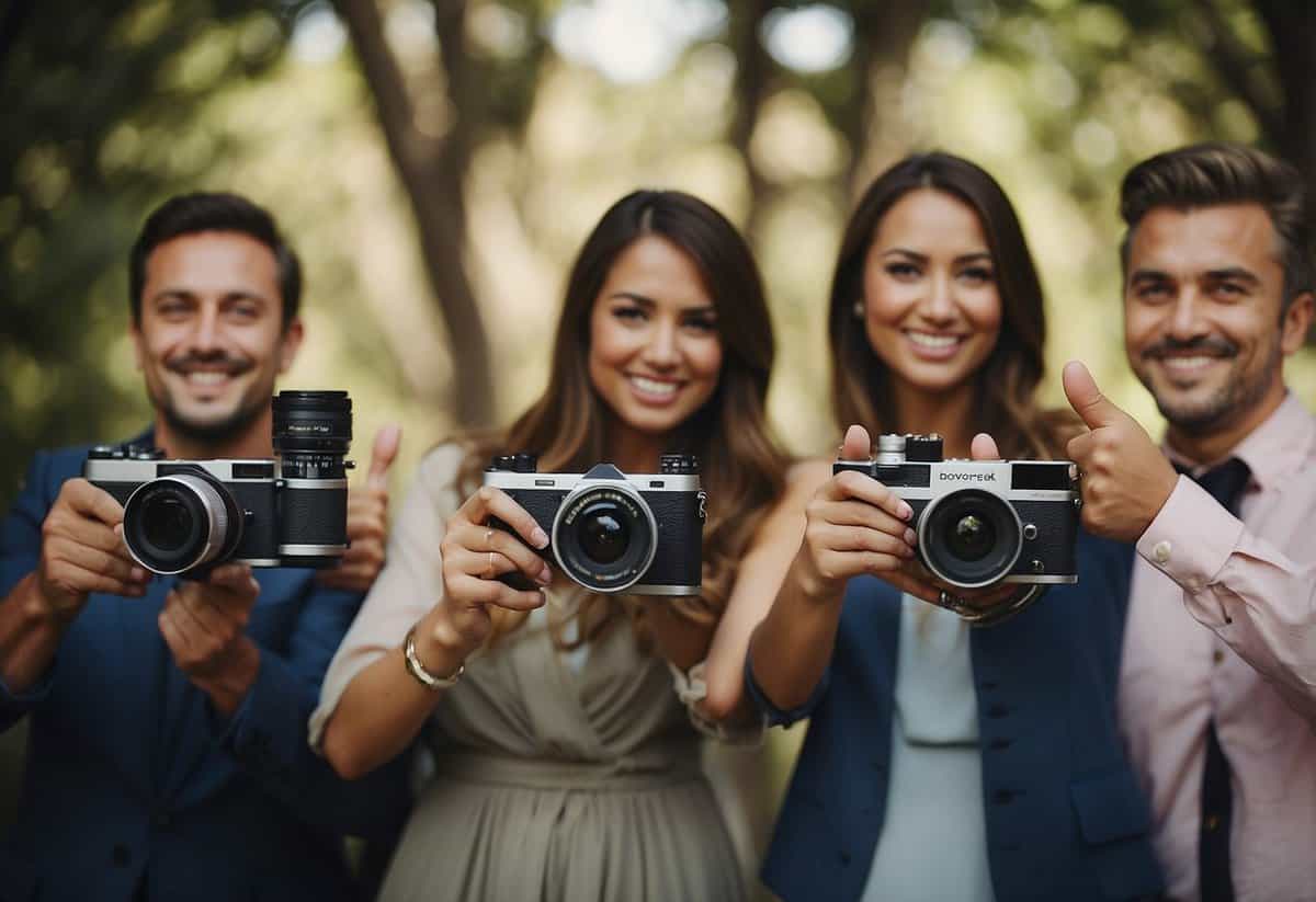 Guests holding up cameras, giving thumbs up, and nodding in agreement with "Respect the Photographer" wedding tips displayed on a sign