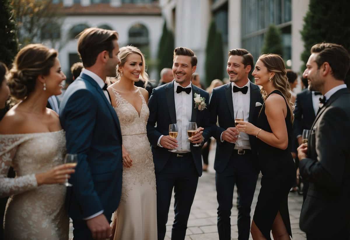 A group of elegantly dressed wedding guests socializing in a stylish venue, adhering to the dress code with formal attire and sophisticated accessories