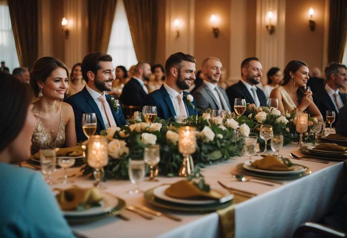 Guests seated at a beautifully decorated reception table, using proper etiquette while enjoying the wedding meal and engaging in pleasant conversation