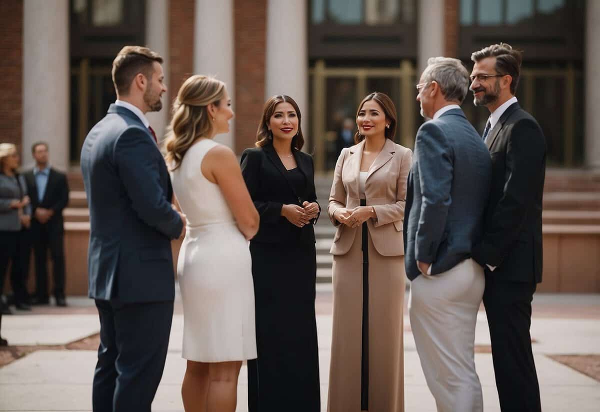 A couple exchanges vows in front of a judge at the courthouse, surrounded by simple decor and a small group of witnesses