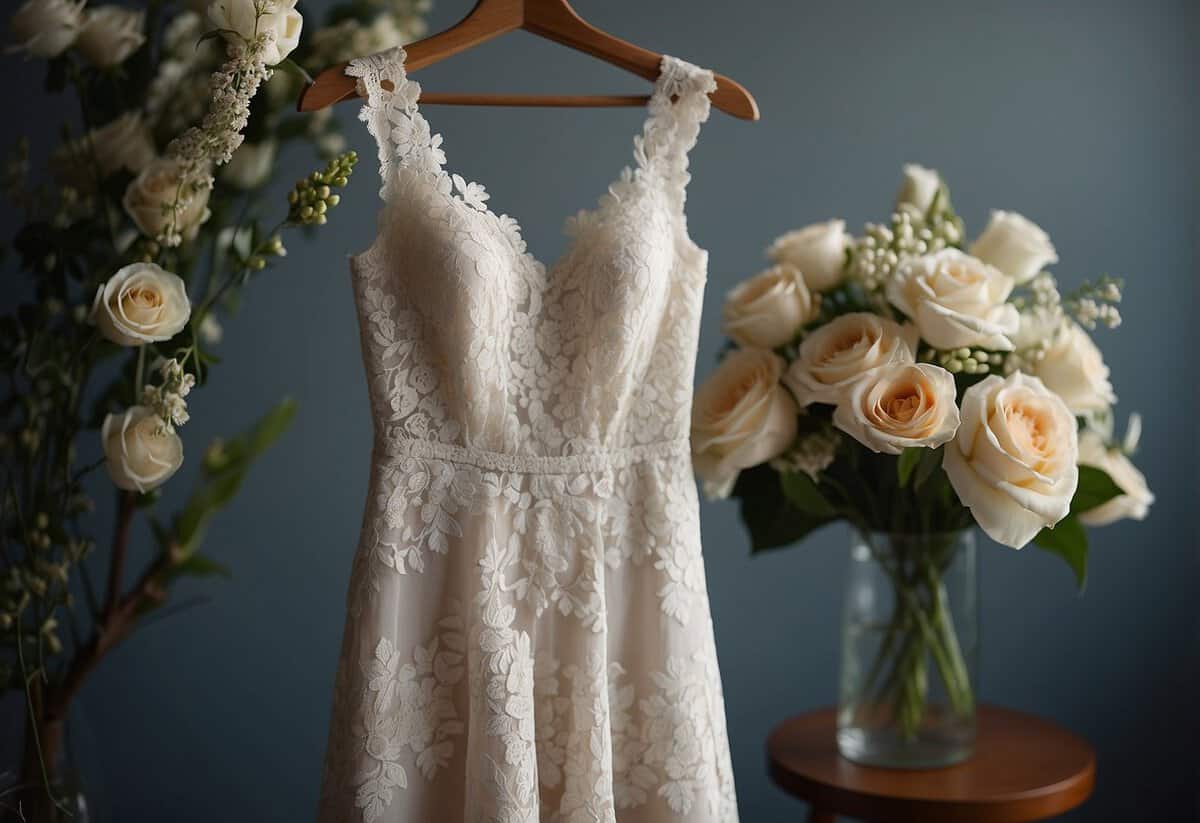 A white lace dress hangs on a hanger, paired with a small bouquet of flowers and a pair of delicate pearl earrings