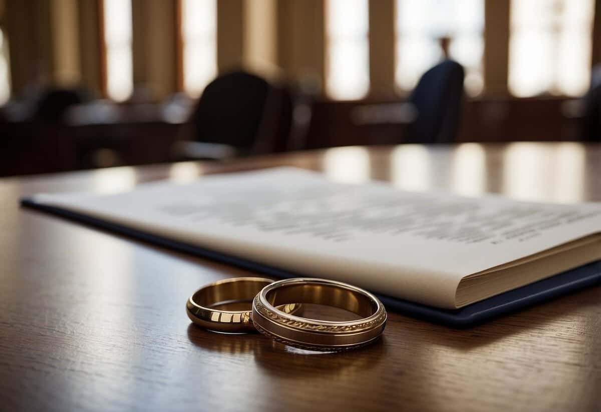 A table with documents, rings, and a pen at a courthouse