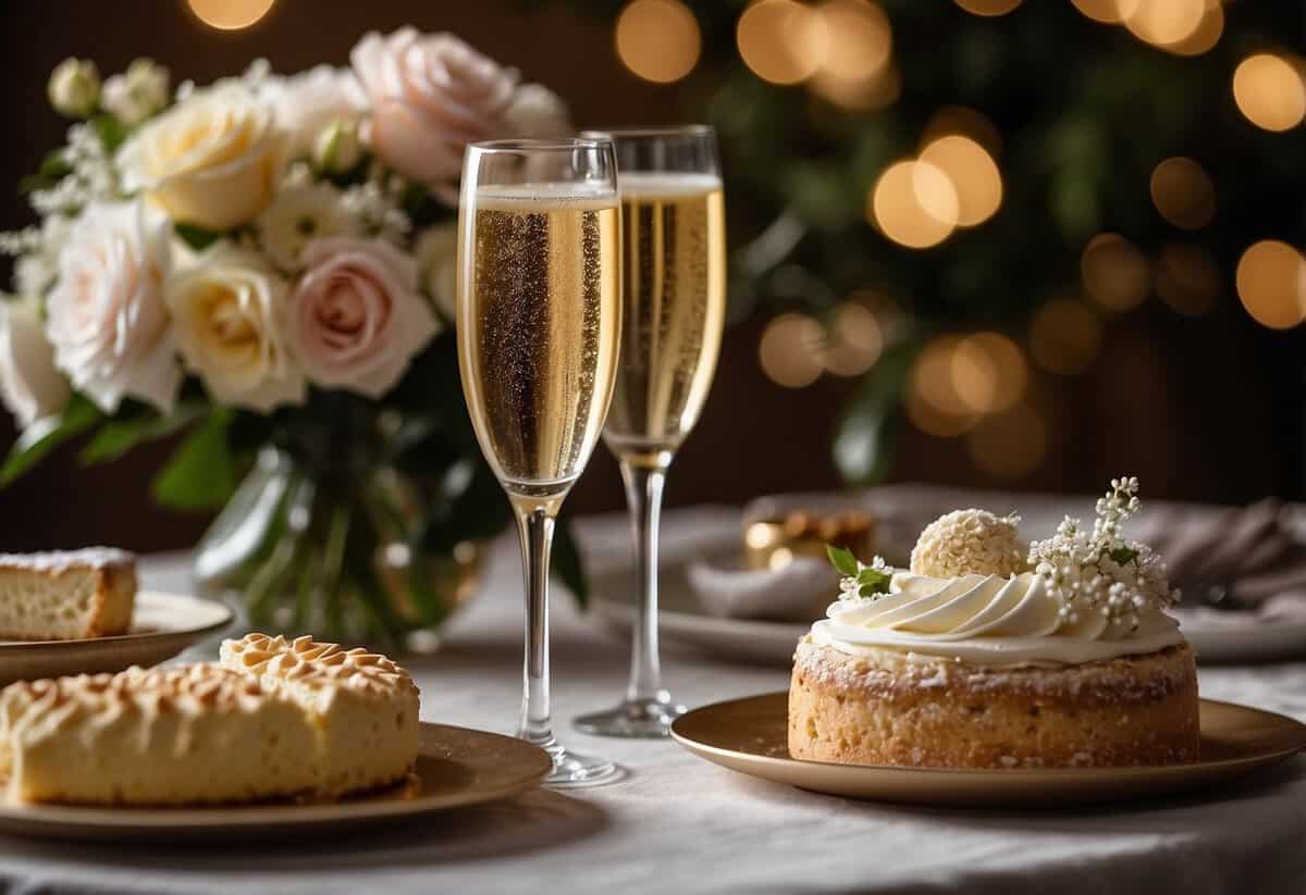 A table set with champagne, cake, and flowers. A small, elegantly decorated space with a joyful atmosphere