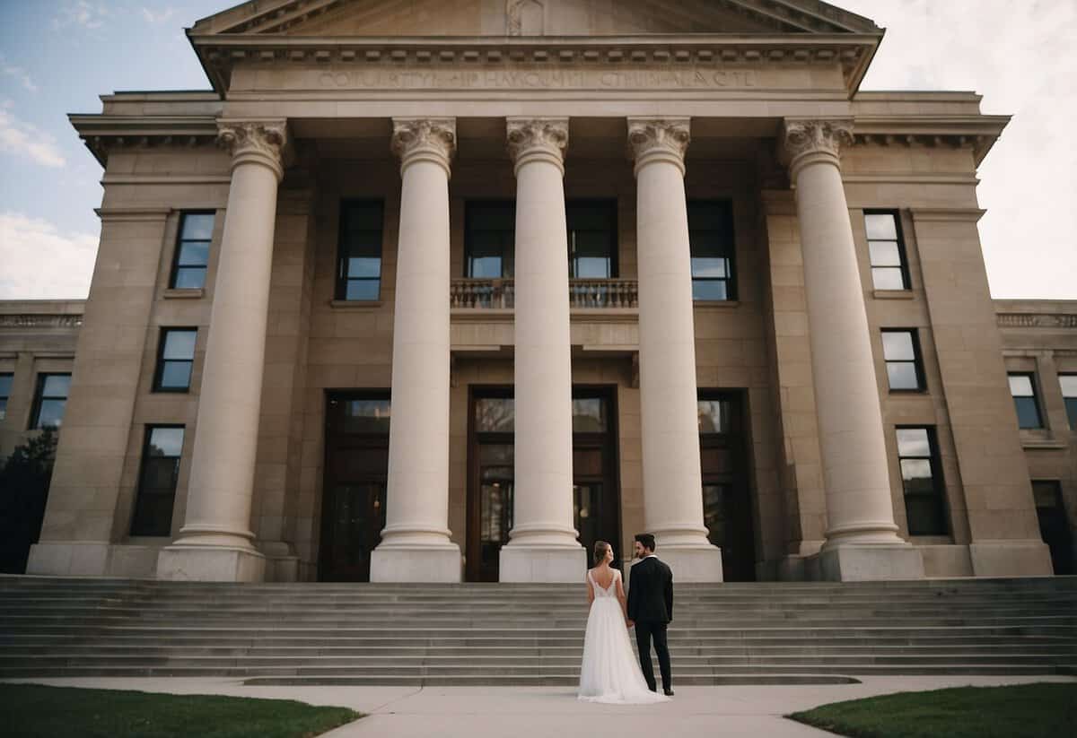 A couple stands in front of the courthouse, exchanging vows. The building's grand columns and imposing facade provide a backdrop for the intimate ceremony