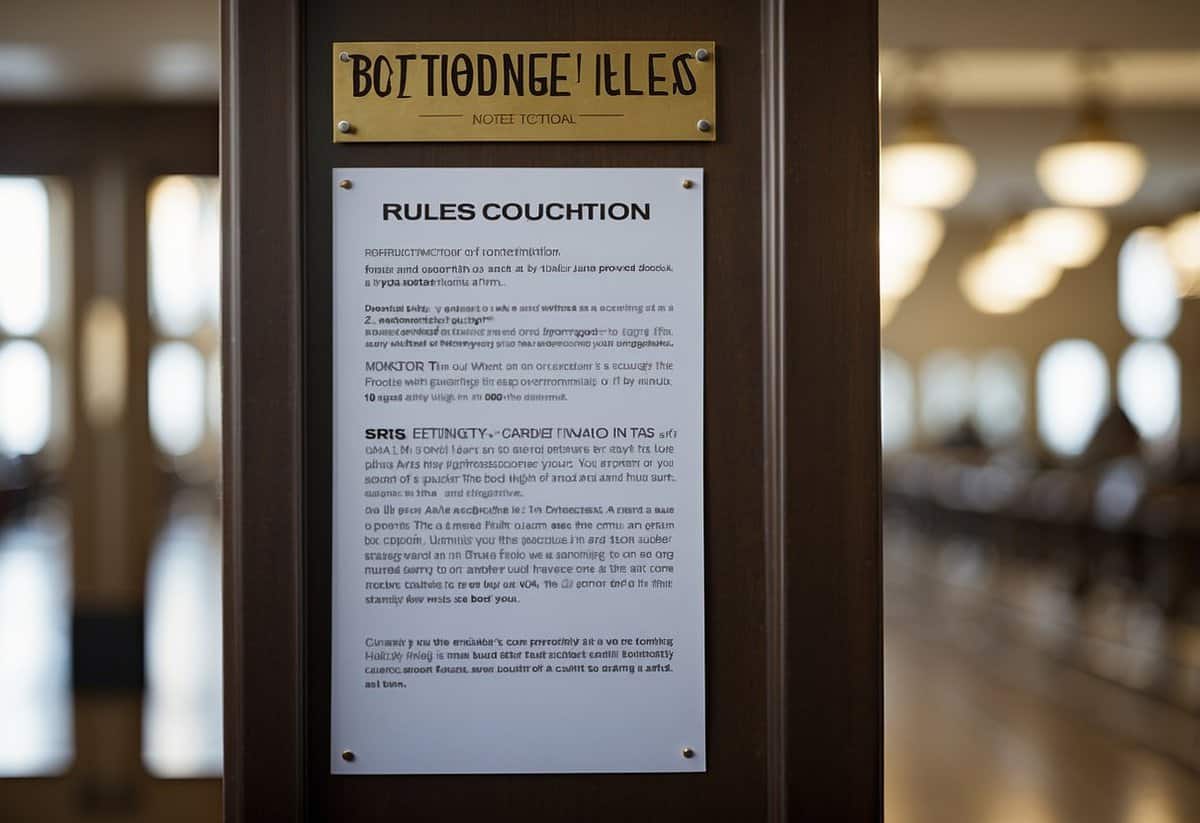 The courthouse's rules are posted on a notice board, with a sign pointing towards the wedding tips section