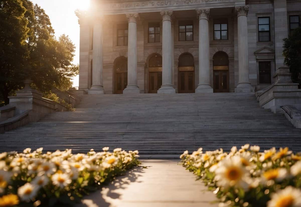 The sun rises over the empty courthouse steps, casting a warm glow on the waiting chairs and scattered flower petals. A sense of anticipation fills the air as the day begins