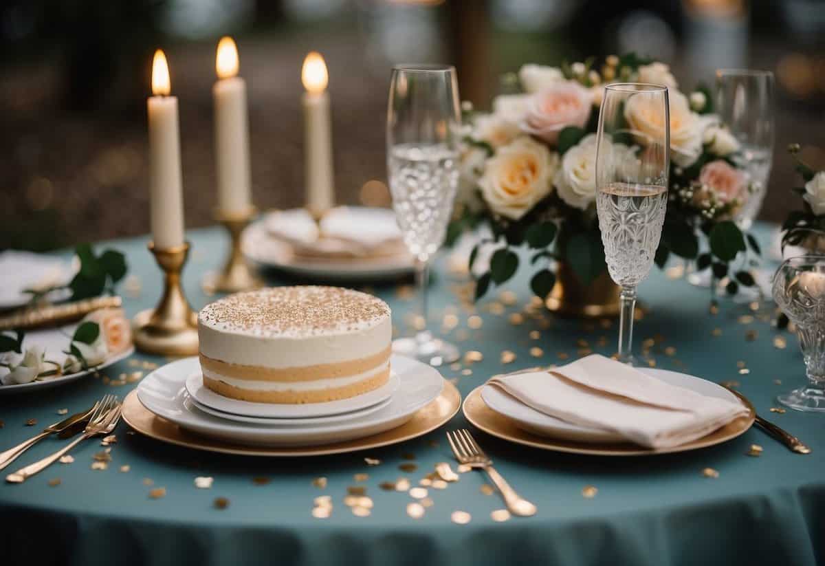 A table with a wedding cake, champagne glasses, and a guest book. Bouquets and confetti scattered around