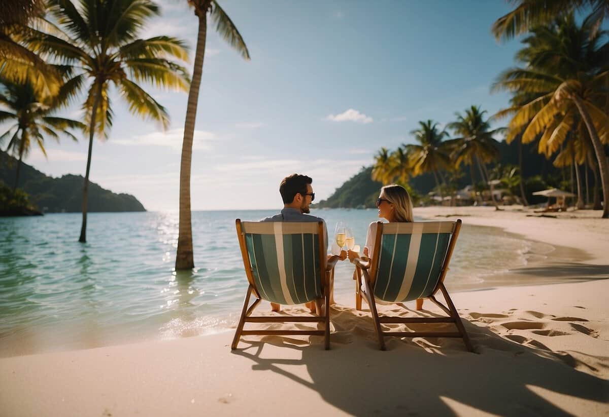 A couple lounges on a tropical beach, surrounded by palm trees and crystal-clear waters. They sip cocktails and bask in the warm sun, enjoying their honeymoon paradise