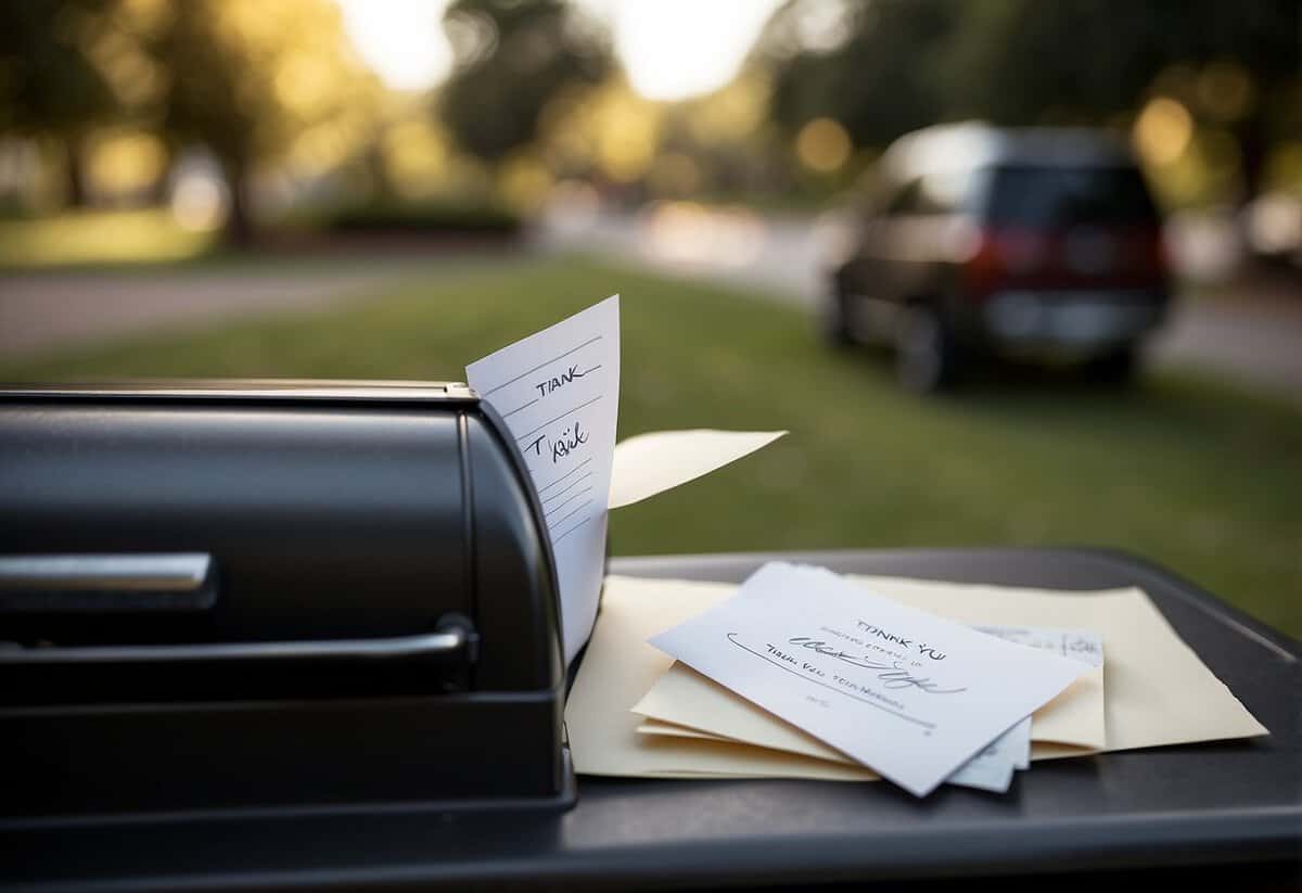 A stack of 'Thank You' notes being placed into a mailbox with a wedding invitation and a pen nearby