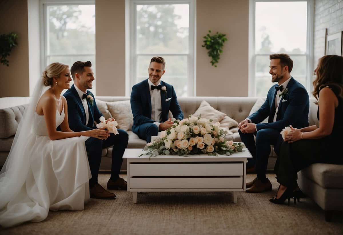 Newlyweds sit in a circle, sharing advice and support. A table holds wedding magazines and a box of tissues. Laughter and tears fill the room