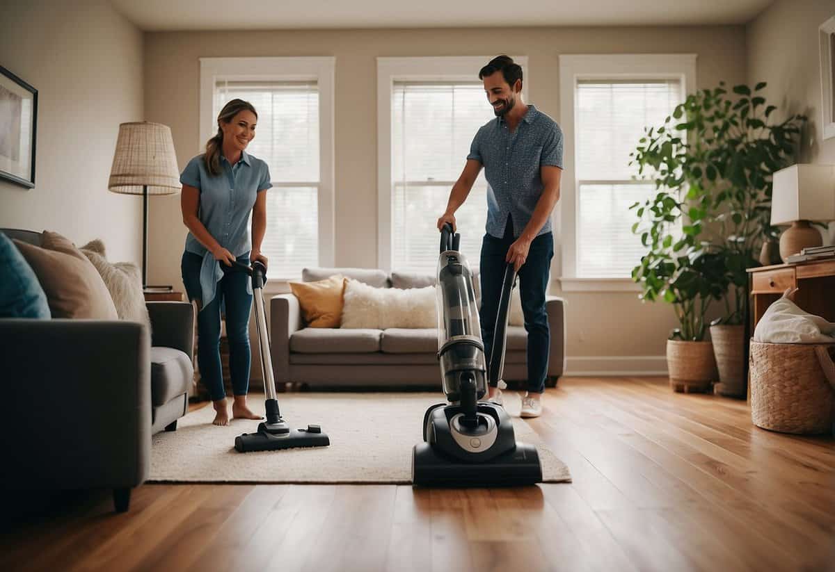 A couple tidies their home together, vacuuming, dusting, and organizing after their wedding