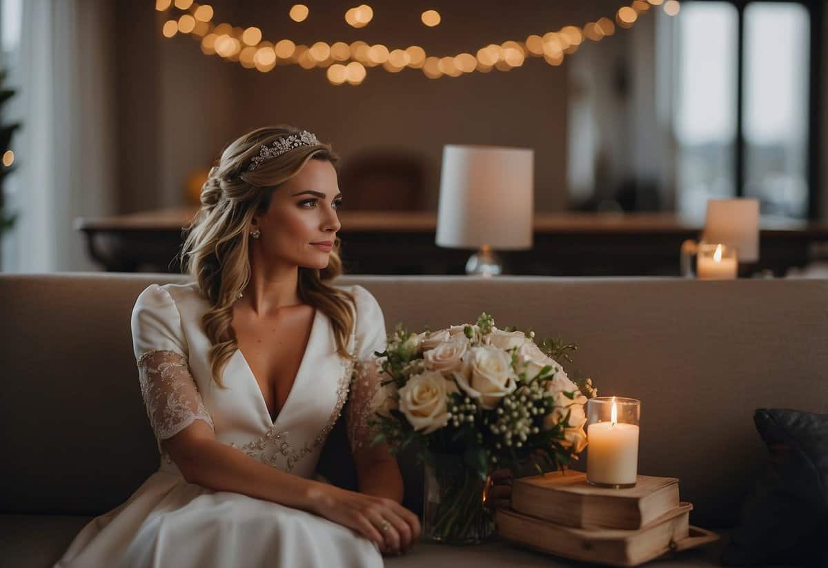 A person sitting alone on a couch, surrounded by wedding decorations and memorabilia. They have a pensive expression, gazing at a wedding photo with a sigh