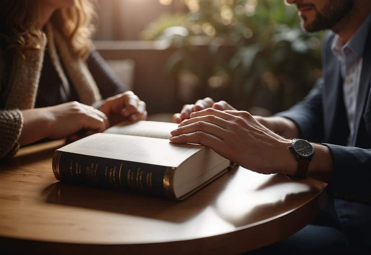 A couple sitting together, holding hands, while discussing marriage tips. A book on strengthening marriage lies open on the table