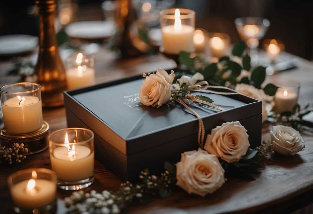 Wedding photos, invitations, and mementos arranged on a table with a decorative box. Flowers and candles add a romantic touch
