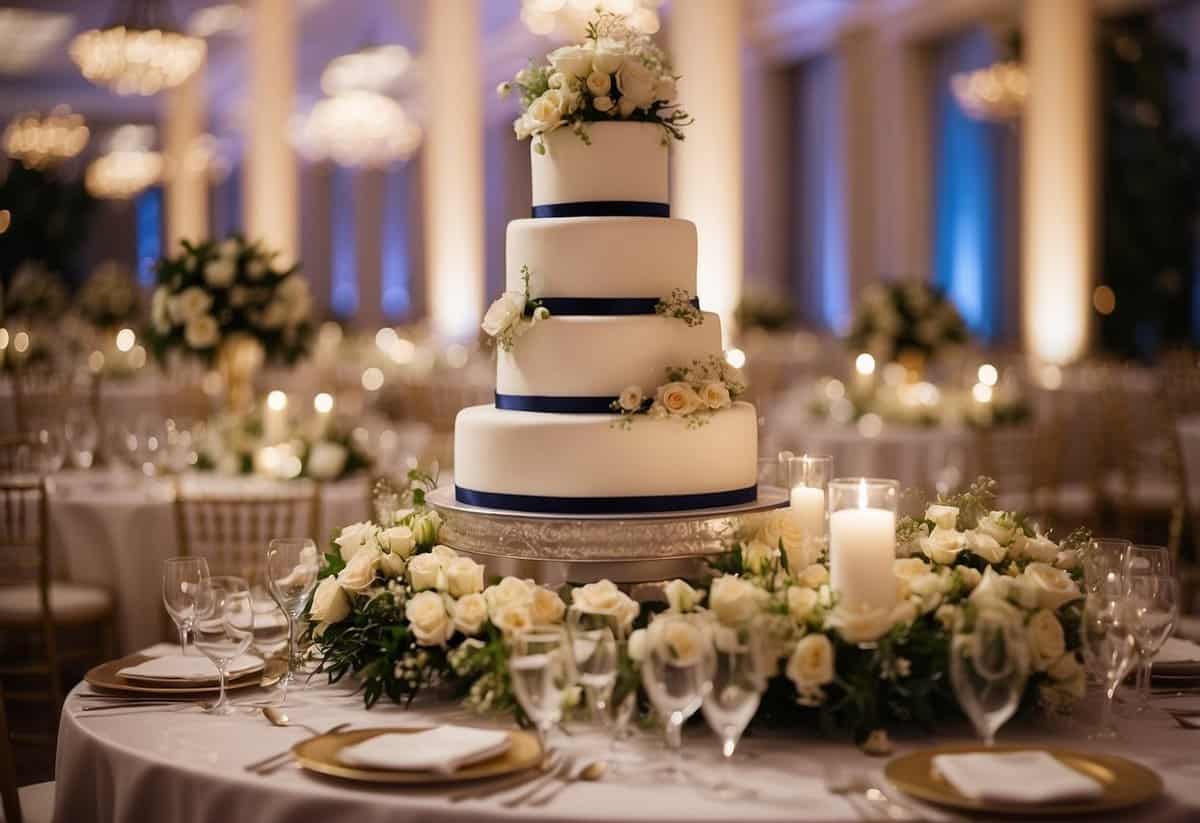 A grand wedding banquet with lavish decorations and a towering tiered cake as the centerpiece. Tables are adorned with elegant floral centerpieces and sparkling table settings