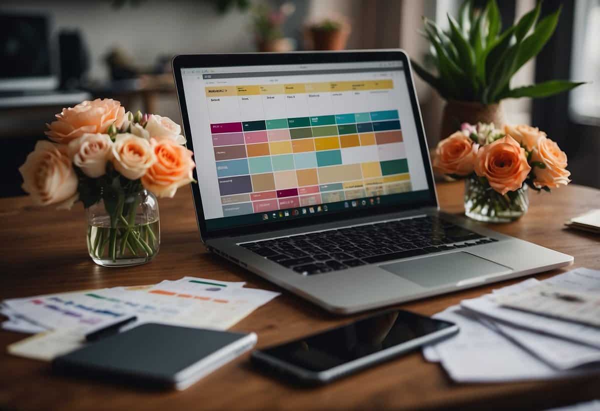 A wedding planner sits at a desk, surrounded by colorful swatches, floral arrangements, and a calendar. A phone and laptop are nearby, showcasing their organizational skills