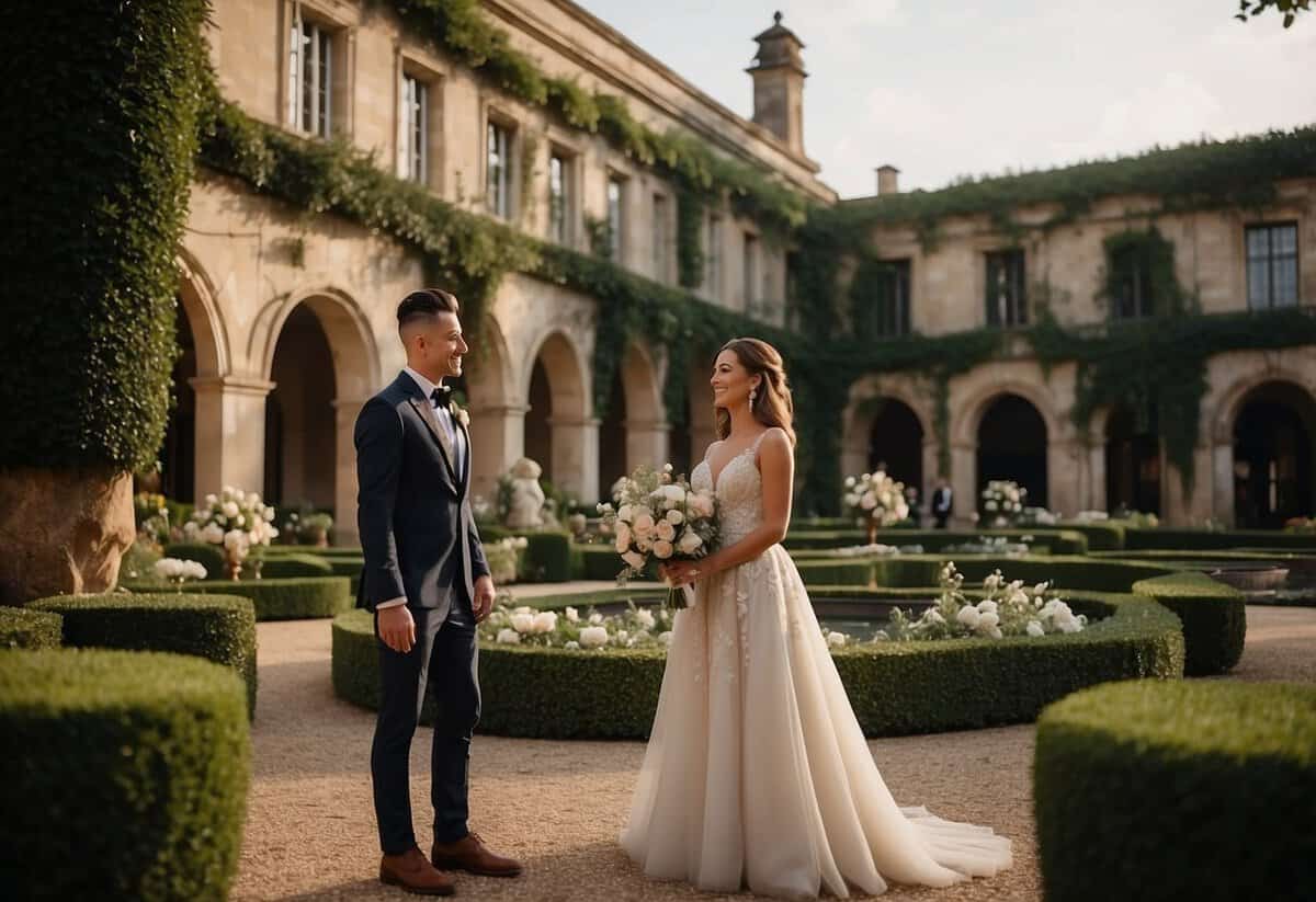 A couple stands in front of a grand, elegant venue, surrounded by lush gardens and twinkling lights. They are booking their wedding venue early, with excitement and anticipation in their eyes