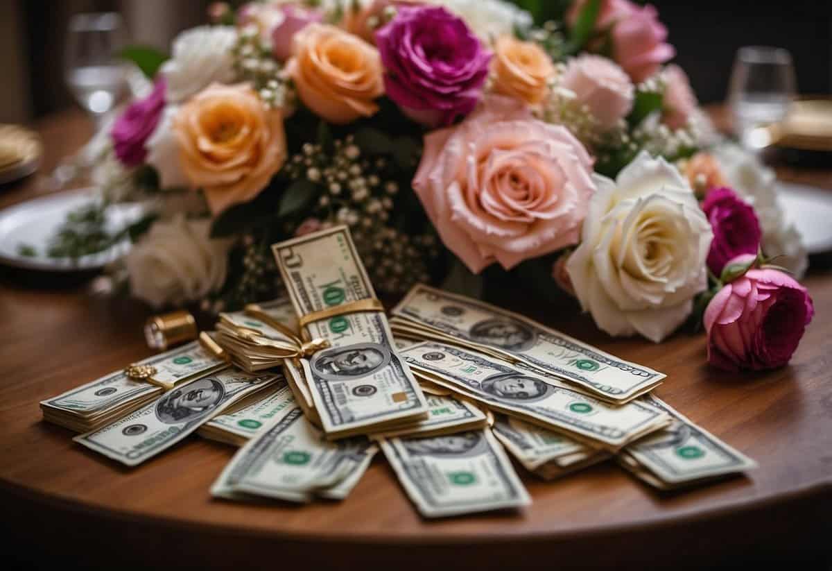 A table filled with extravagant wedding decorations and a large stack of cash, representing the theme of "Big Wedding Tips."
