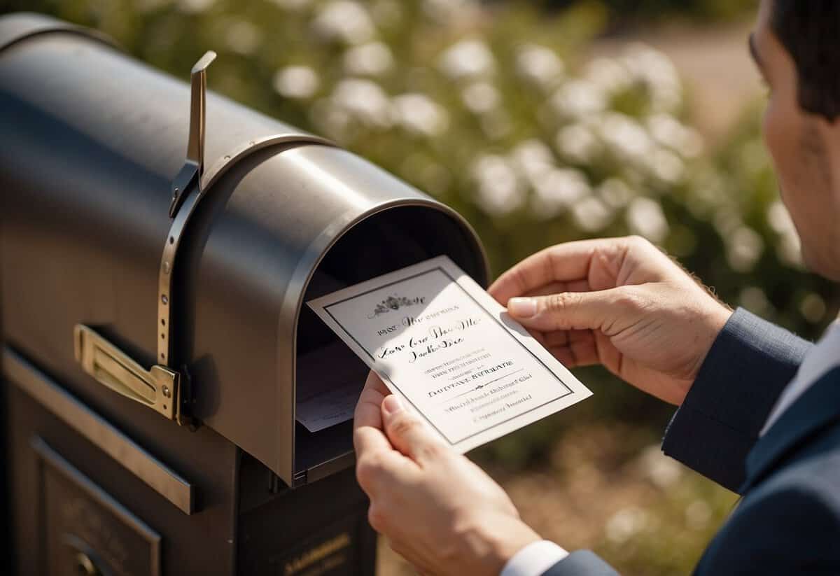 A hand places a save-the-date card in a mailbox, with a big wedding in the background