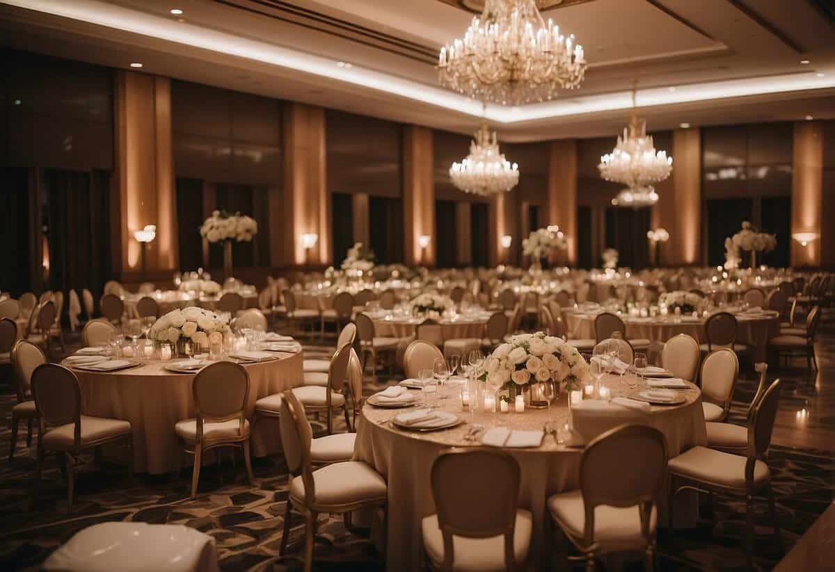A grand banquet hall filled with elegant tables and chairs, adorned with customizable menu cards and elaborate centerpieces for a big wedding