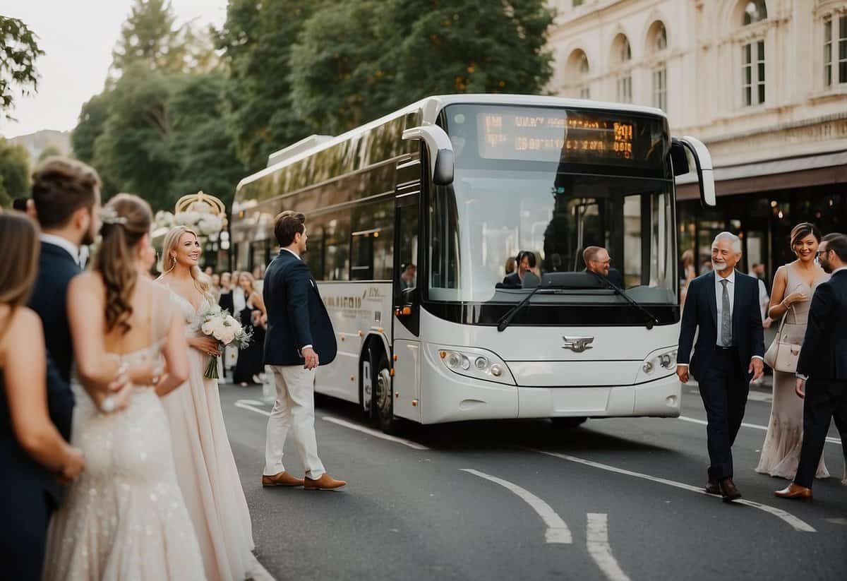 Guests board shuttle buses outside a grand wedding venue, with drivers assisting. The buses are adorned with elegant floral decorations and the atmosphere is filled with excitement and anticipation