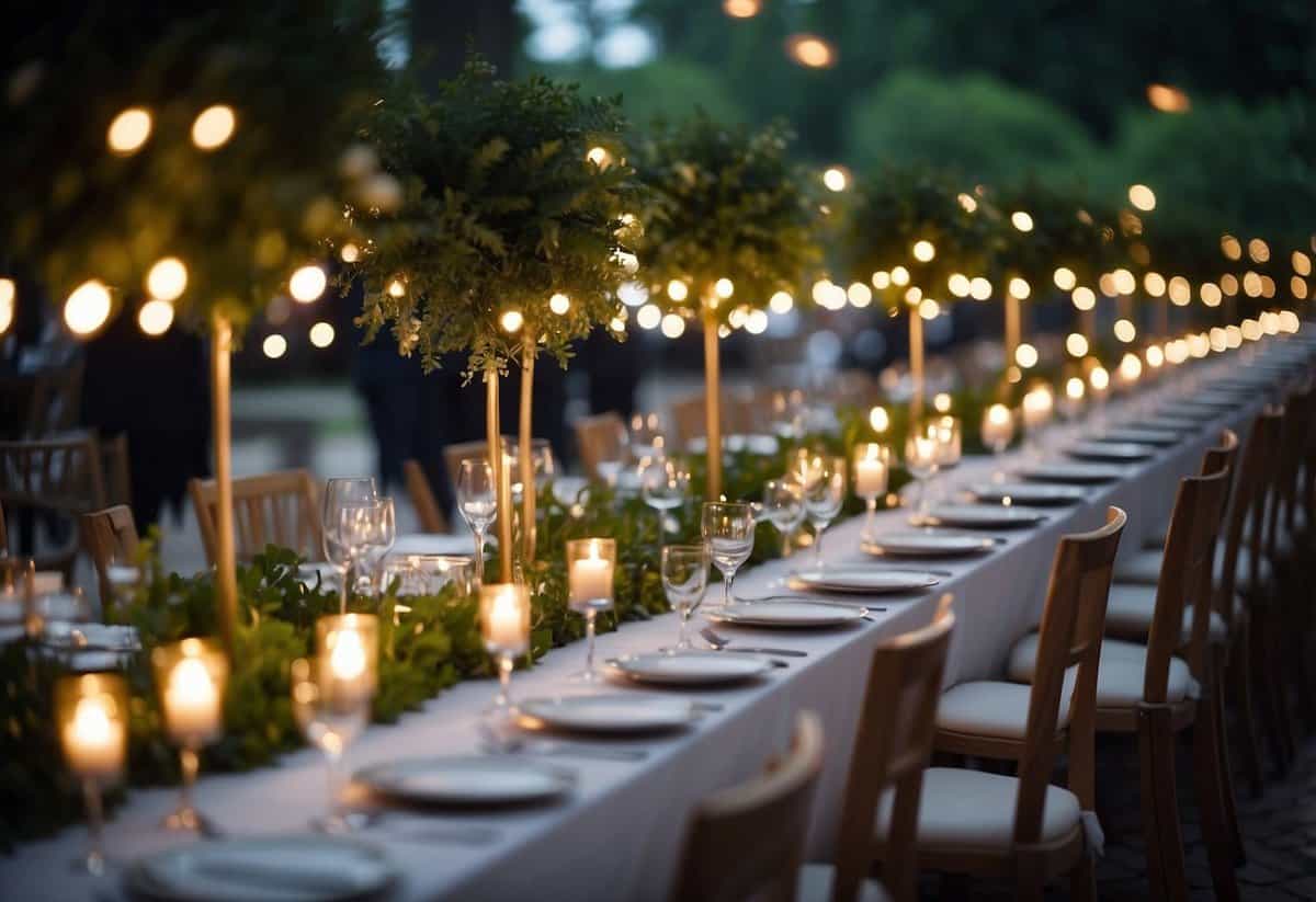 A long table set with elegant place settings, surrounded by twinkling lights and lush greenery, as guests mingle and chat in anticipation of the big wedding day