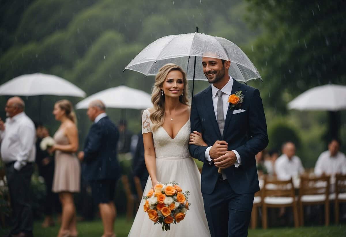 A couple holds umbrellas while exchanging vows in a garden as rain falls. A tent nearby is set up for the reception