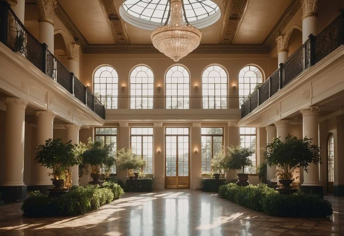 A grand ballroom with high ceilings, sparkling chandeliers, and elegant decor. A spacious outdoor garden with lush greenery and a picturesque backdrop