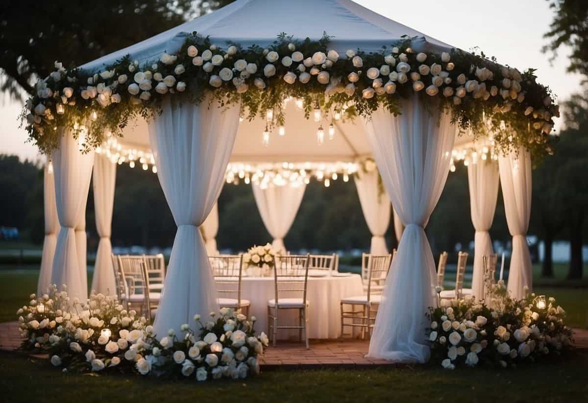 A grand white gazebo adorned with flowers and flowing fabric, surrounded by twinkling lights and elegant table settings