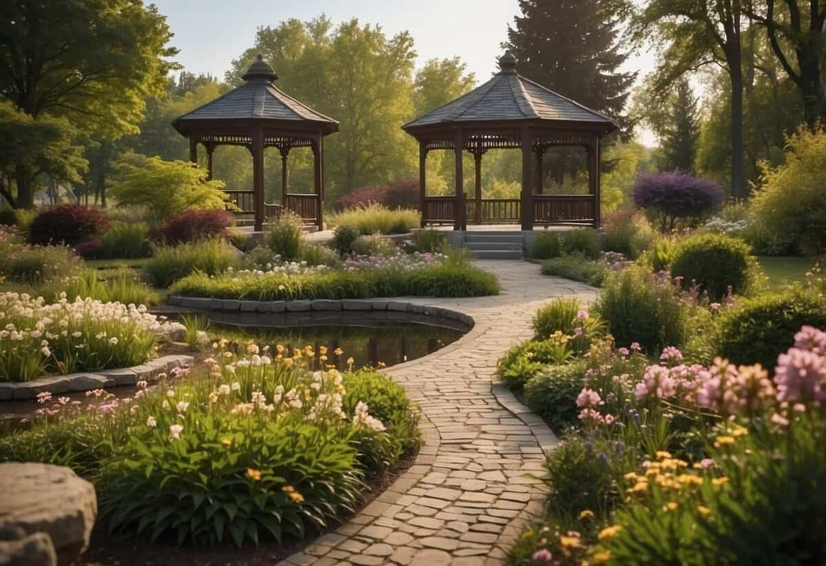 A serene garden setting with a picturesque gazebo, blooming flowers, and a winding path leading to a tranquil pond