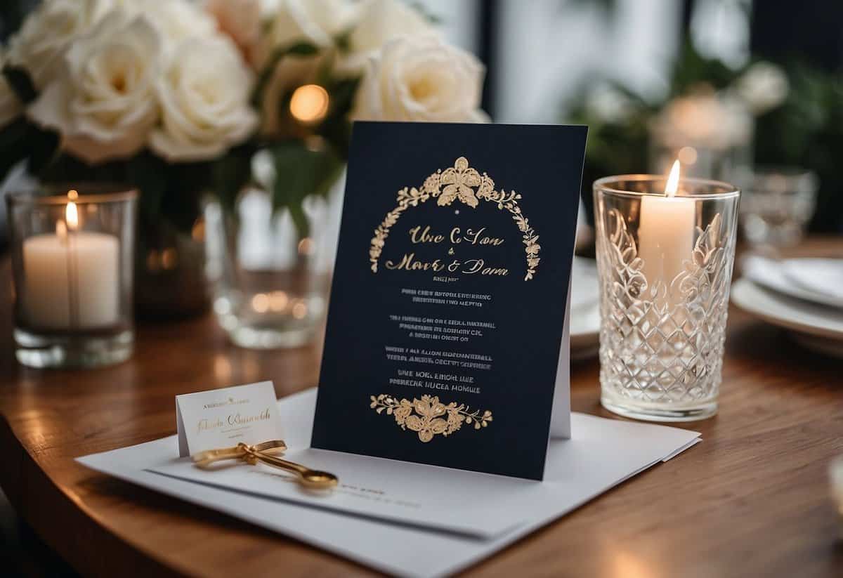 A couple selecting elegant, non-traditional wedding invitations, surrounded by modern decor and a relaxed atmosphere