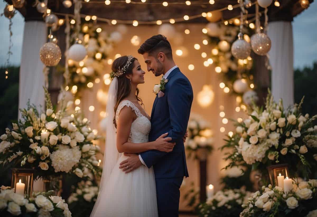 The couple stands together, surrounded by meaningful decorations. A personalized ceremony reflects their unique relationship