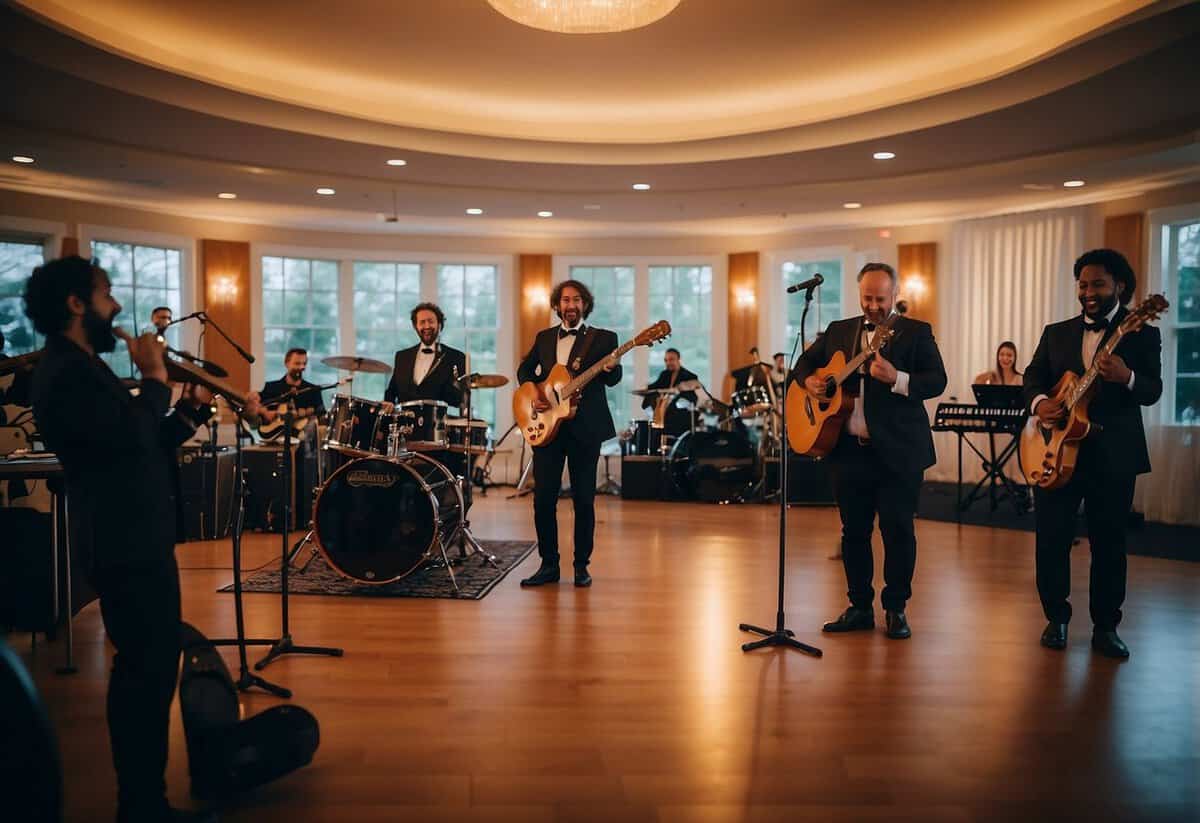 A live band plays at a wedding reception, entertaining guests with music and creating a lively atmosphere