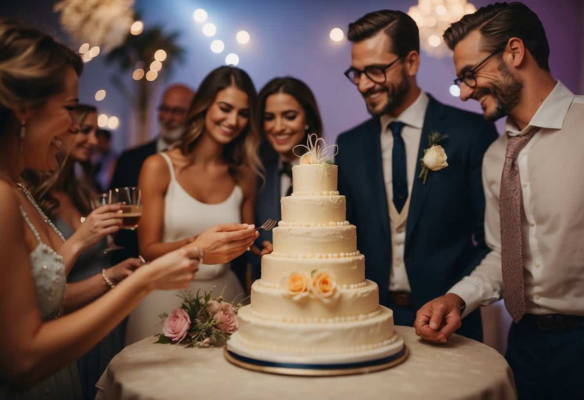 A couple cutting into a unique flavored cake at their second wedding, surrounded by well-dressed guests with smiles and clinking glasses