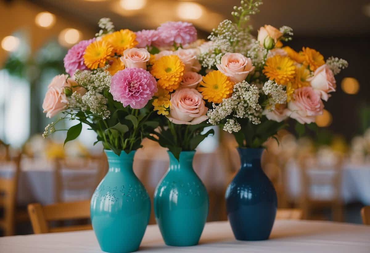 Seasonal flowers arranged in vases for a second wedding celebration. Bright colors and delicate blooms add a festive touch to the decor