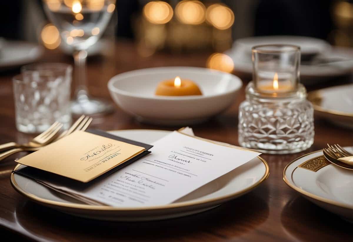 A table set with elegant invitations and announcements, with a pen and address book nearby