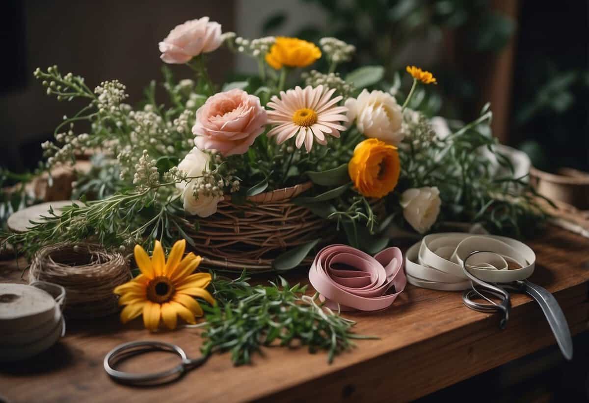 A table with various flowers, greenery, and ribbons spread out. Scissors, wire, and floral tape are nearby. A step-by-step guide is laid out next to the materials