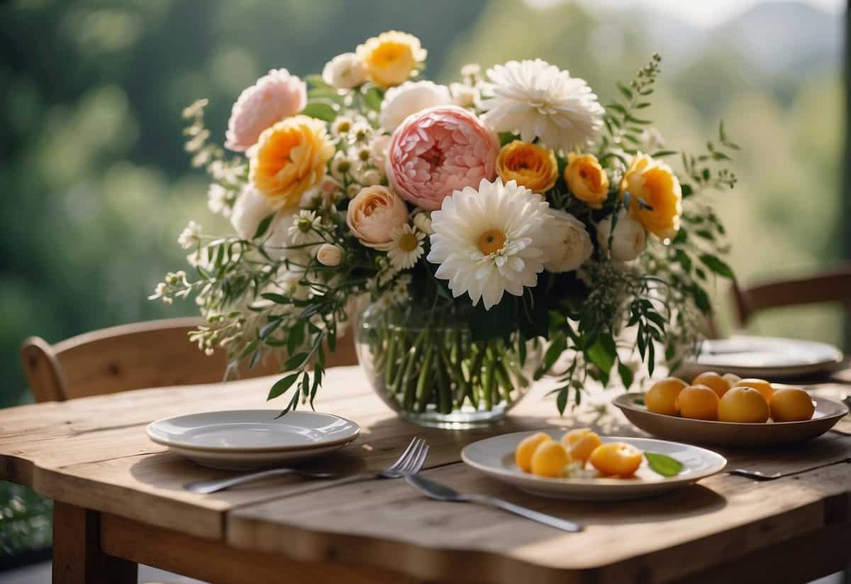 A table with an array of seasonal flowers, including roses, peonies, and daisies, arranged in a loose, organic style with greenery and ribbon
