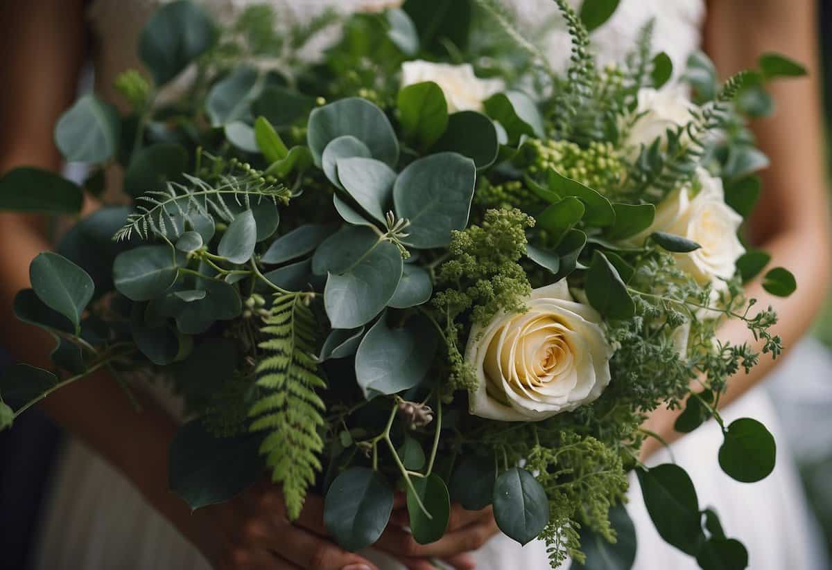 A hand-tied wedding bouquet with a mix of greenery for depth and texture, including eucalyptus, ferns, and ivy, creating a lush and natural look