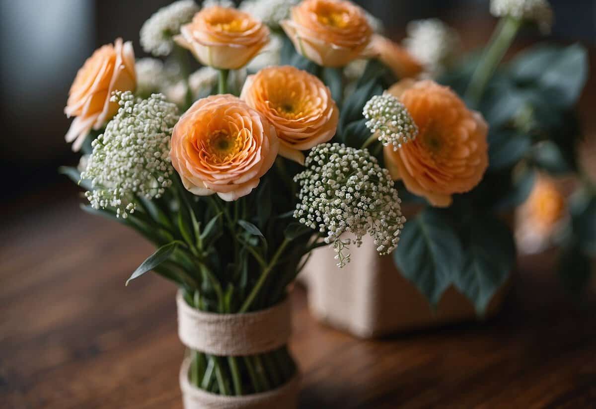 Floral tape wraps around stems, securing a DIY wedding bouquet