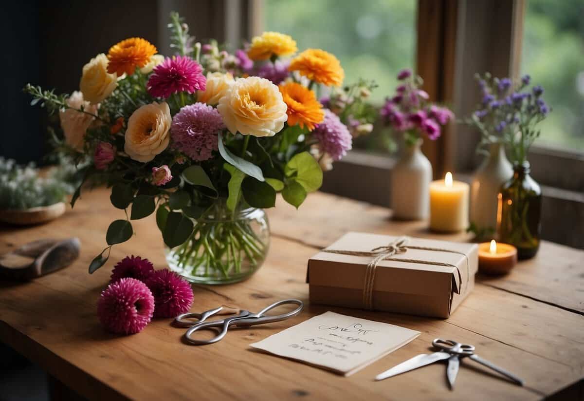 A table scattered with colorful flowers, ribbons, and greenery, with scissors and twine nearby. A handwritten note with "DIY Bouquet Tips" sits on the table