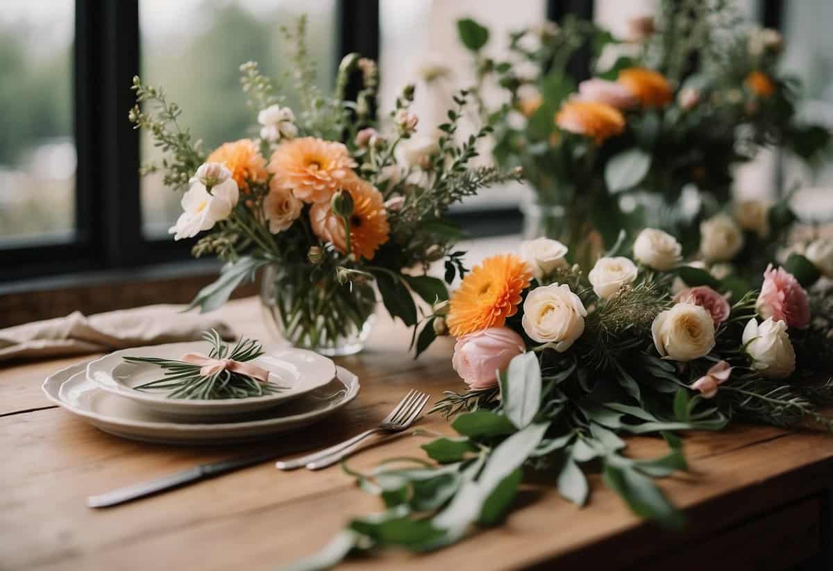 A table with assorted flowers, ribbons, and greenery. A pair of scissors and floral tape nearby. Bright, pastel, and earthy tones in the color palette