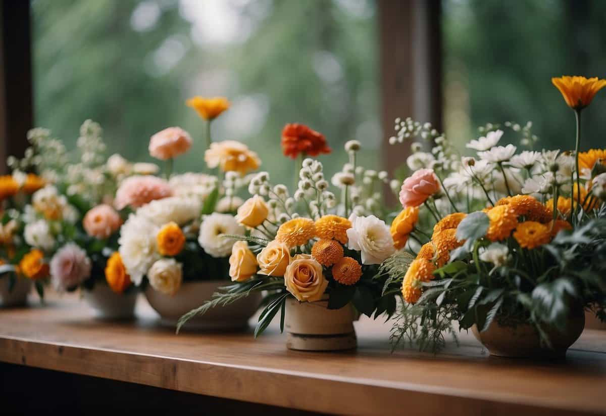 A variety of flowers in different sizes and shapes arranged on a table for a DIY wedding bouquet
