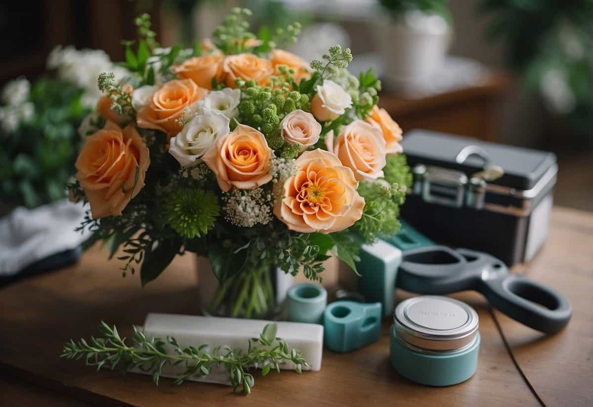 A handcrafted wedding bouquet sits in a floral foam holder, surrounded by tools and supplies. Bright flowers and greenery are arranged in the foam