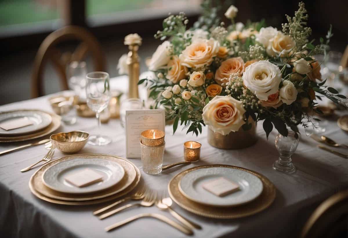 A table set with sentimental keepsakes and flowers, ready to be crafted into a DIY wedding bouquet