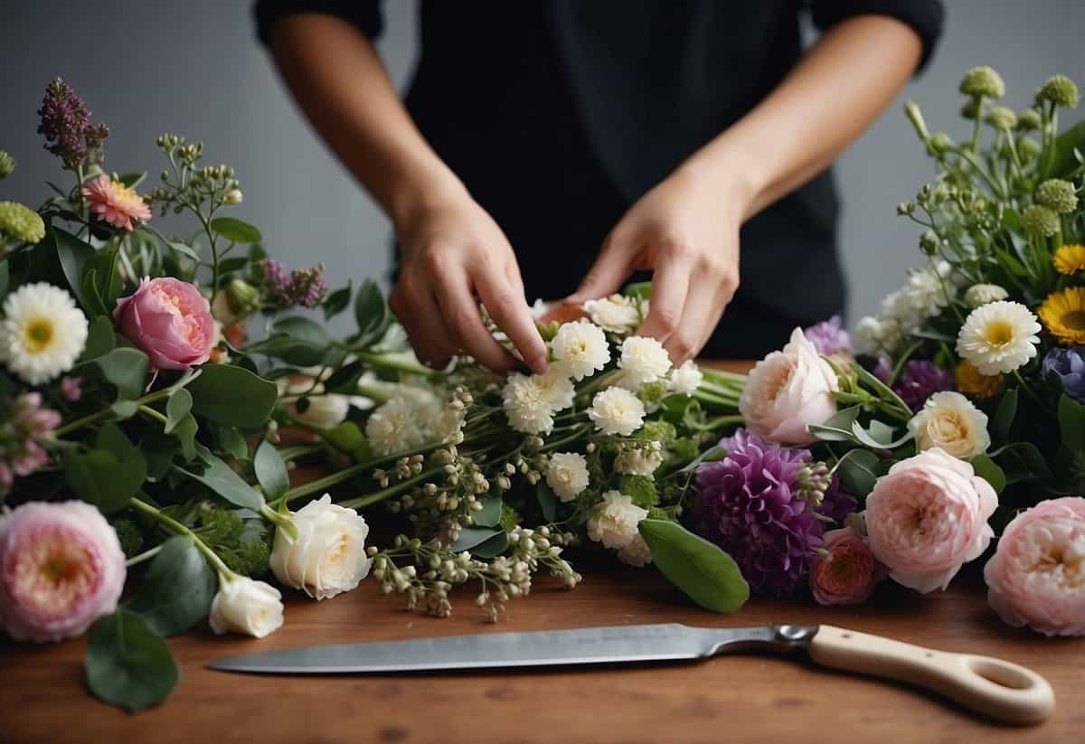 A table with various types of flowers, scissors, and ribbon. A pair of hands arranging flowers into a bouquet