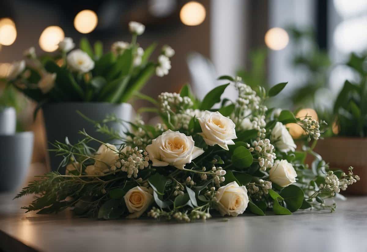 Gather various flowers and greenery on a clean workspace. Trim stems at an angle and remove excess leaves. Arrange and wrap the bouquet with floral tape