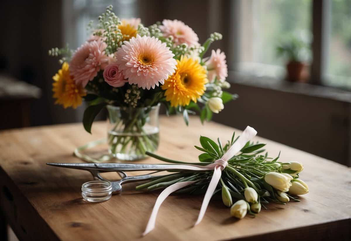 A table with fresh flowers, scissors, and ribbon. A vase of water nearby. A hand tying a bouquet. Bright, natural lighting